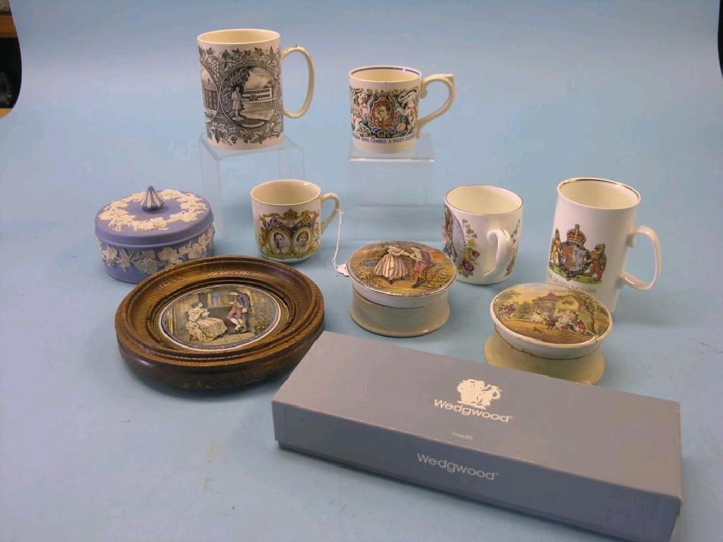 Appraisal: Three Victorian pot lids royal commemorative mug designed by Laura