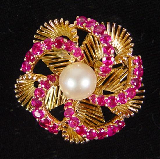 Appraisal: Ladies k Gold Ruby Pearl Brooch k yellow gold grams