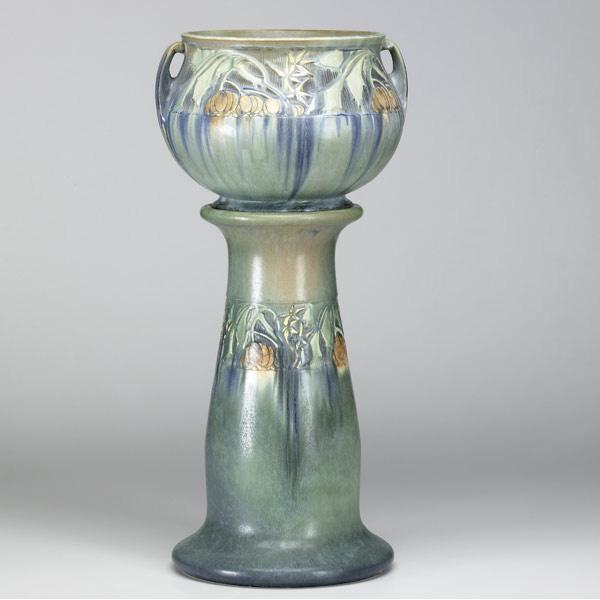 Appraisal: ROSEVILLE Green Baneda jardiniere and pedestal Minute fleck to edge