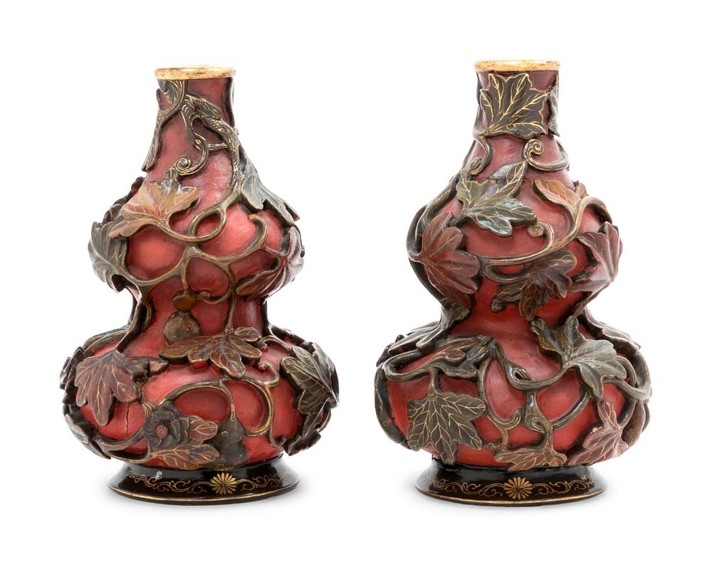 Appraisal: A Pair of Polychrome Painted Lacquered Wood Gourd-Form Vases A