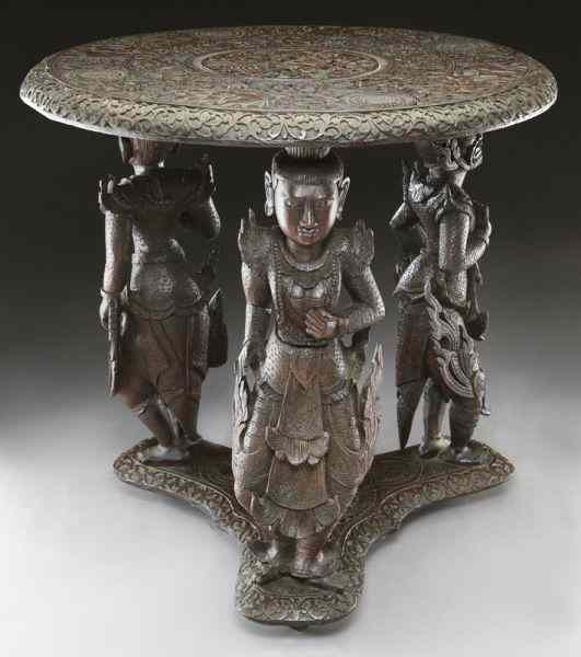 Appraisal: Indo-colonial carved round tablecentered by dancers within a foliate carved