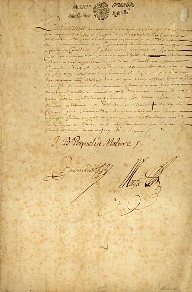 Appraisal: Literature MOLIERE'S SIGNATURE AND OTHER FAMILY DOCUMENTS Document Signed J