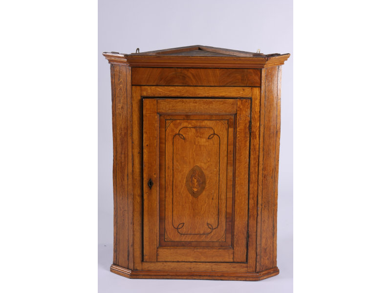 Appraisal: Hanging Inlaid Corner Cupboard English early th c mahogany and