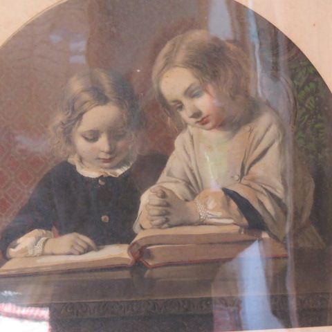 Appraisal: Antique Handcolored Engraving of Children reading gold arch shaped frame