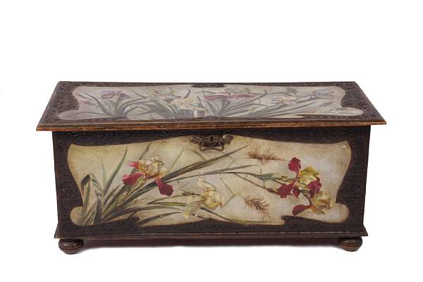 Appraisal: An Art Nouveau paint decorated mahogany blanket chest with chip