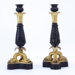 Appraisal: th Century French Empire Style Part-Gilt Bronze Candlesticks Supported on