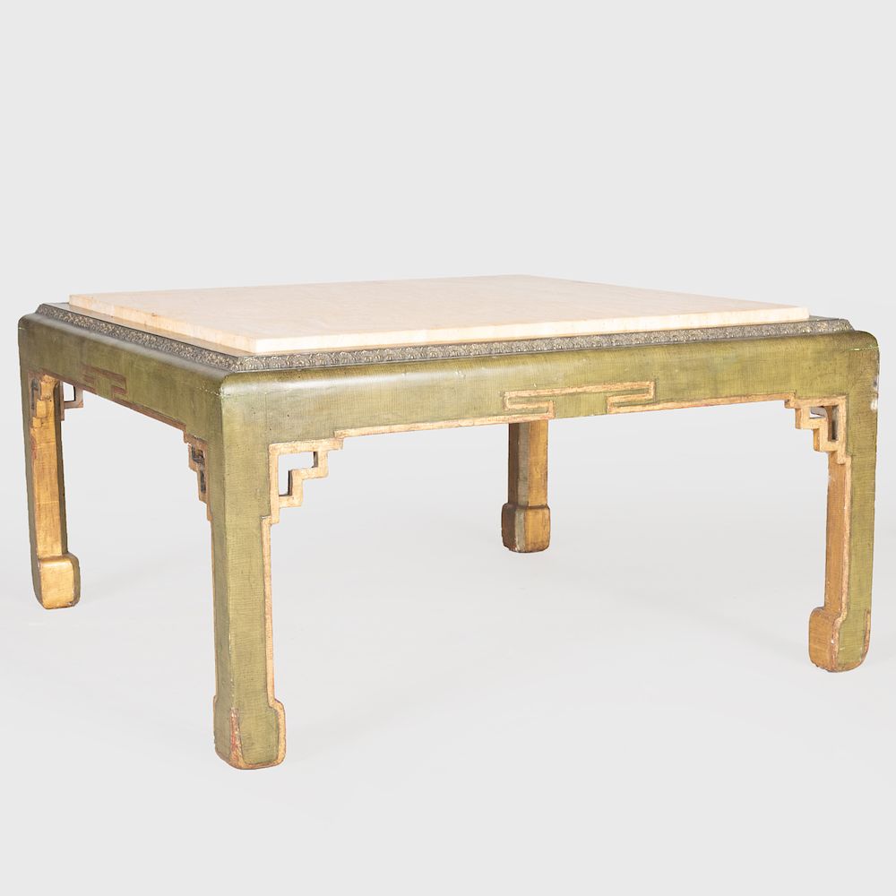 Appraisal: Chinese Style Green Painted and Parcel-Gilt Low Table Fitted with