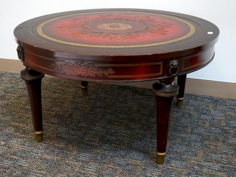 Appraisal: Round Leather Topped Coffee Table Round Leather Topped Coffee Table