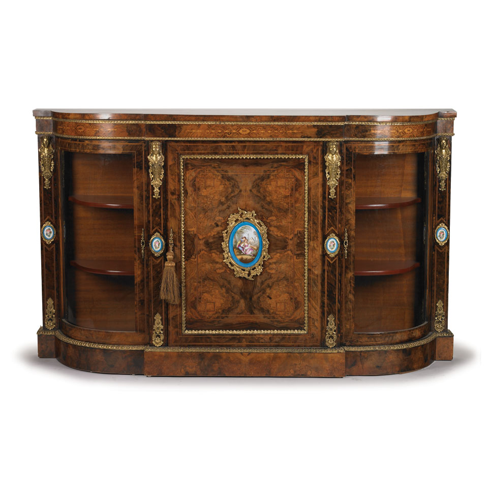 Appraisal: French Burl Wood Credenza inlaid and inset porcelain plaques mid