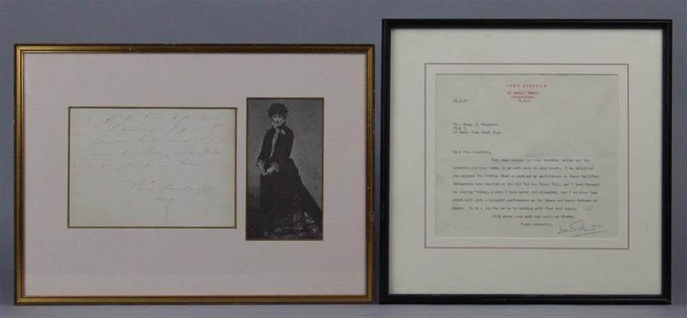 Appraisal: TWO FRAMED AND INSCRIBED AUTOGRAPHS BY NOTED ACTORS SARAH BERNHARDT