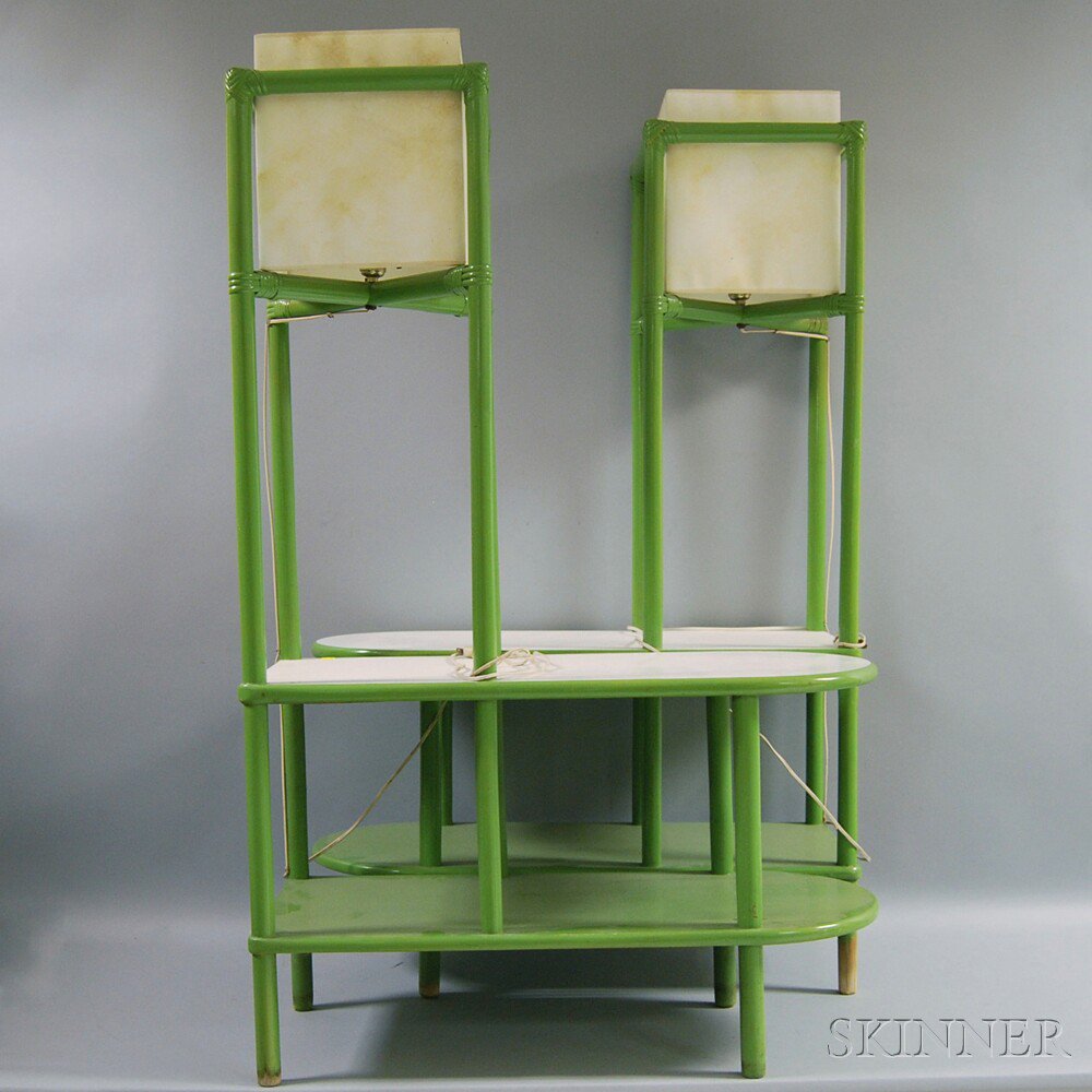 Appraisal: Pair of Table Lamps mid- th century green-painted bamboo frames