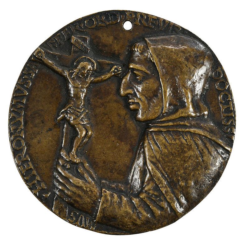 Appraisal: Girolamo Savonarola Medal Florentine School bronze hooded bust holding crucifix