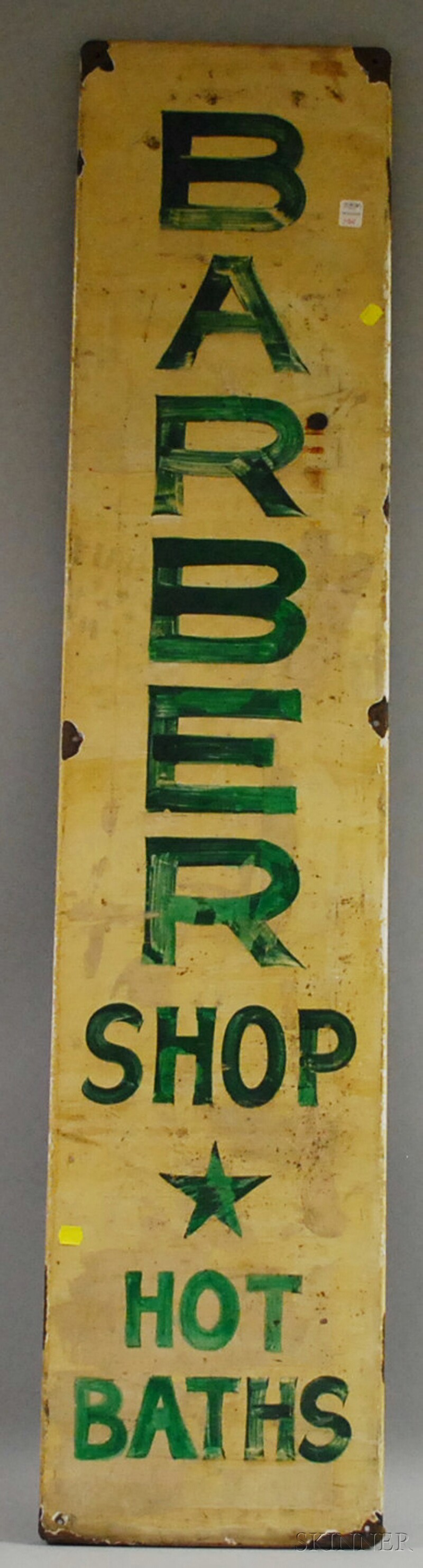 Appraisal: Green and White Painted Enameled Metal Trade Sign Barber Shop