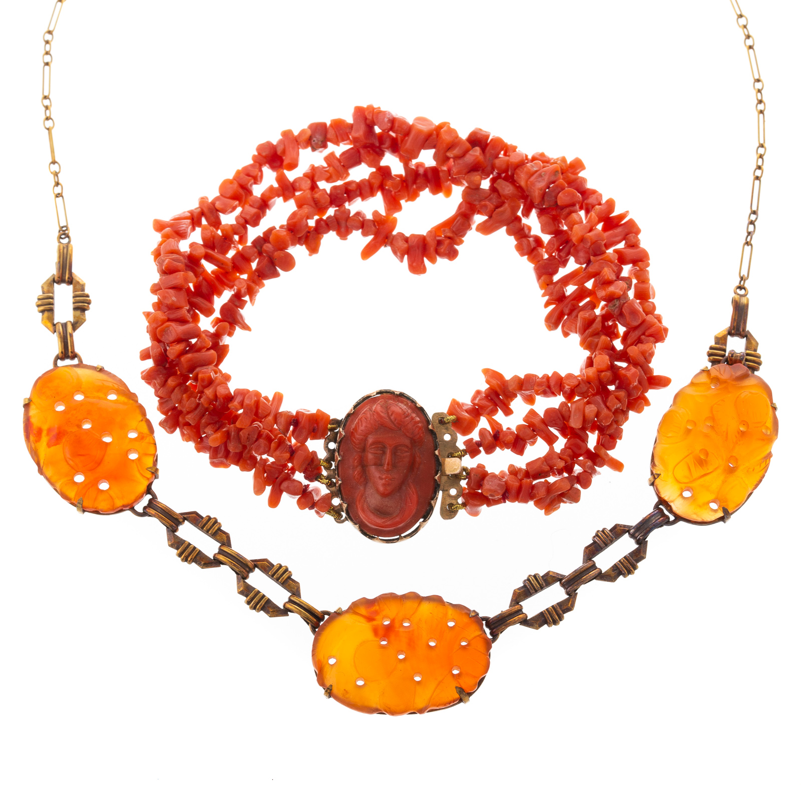 Appraisal: A K ART DECO CARNELIAN NECKLACE CORAL BRACELET K yellow