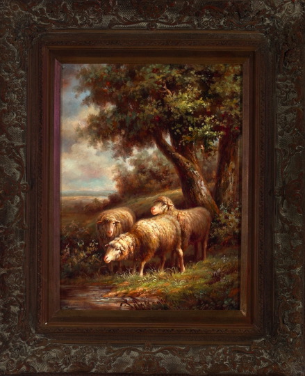 Appraisal: British School th Century Sheep Watering oil on panel x