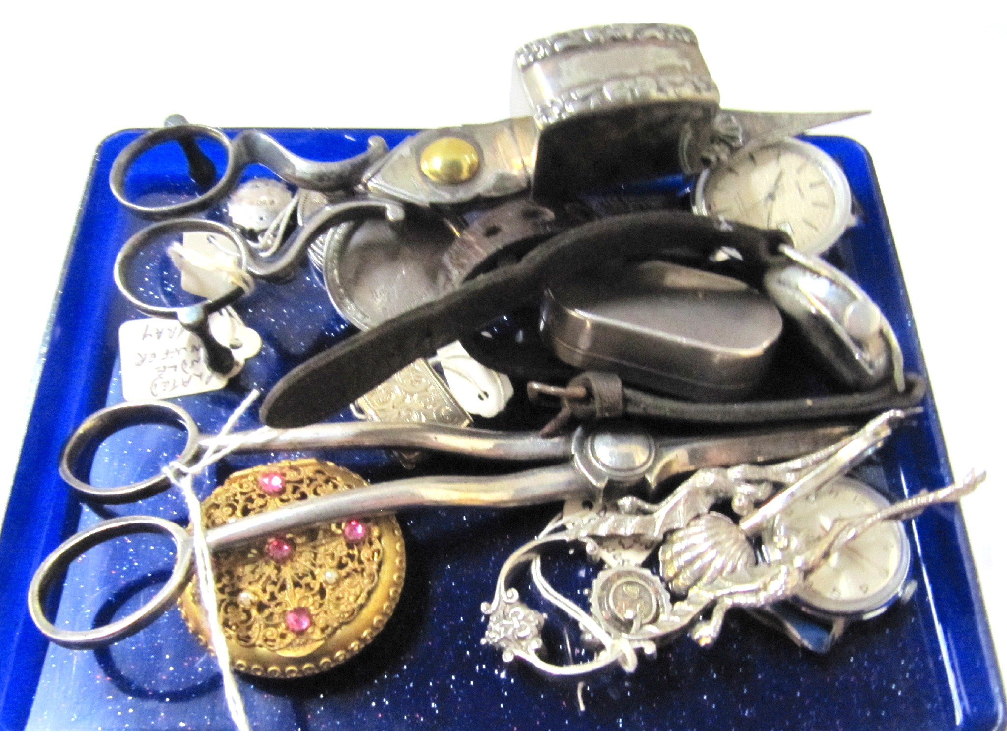 Appraisal: A box of miscellania - candle snuffer watches tongs grape