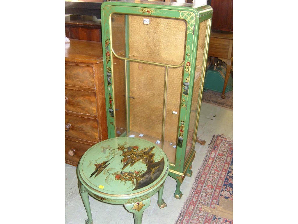 Appraisal: A s green lacquered display cabinet with chinoiserie decoration on