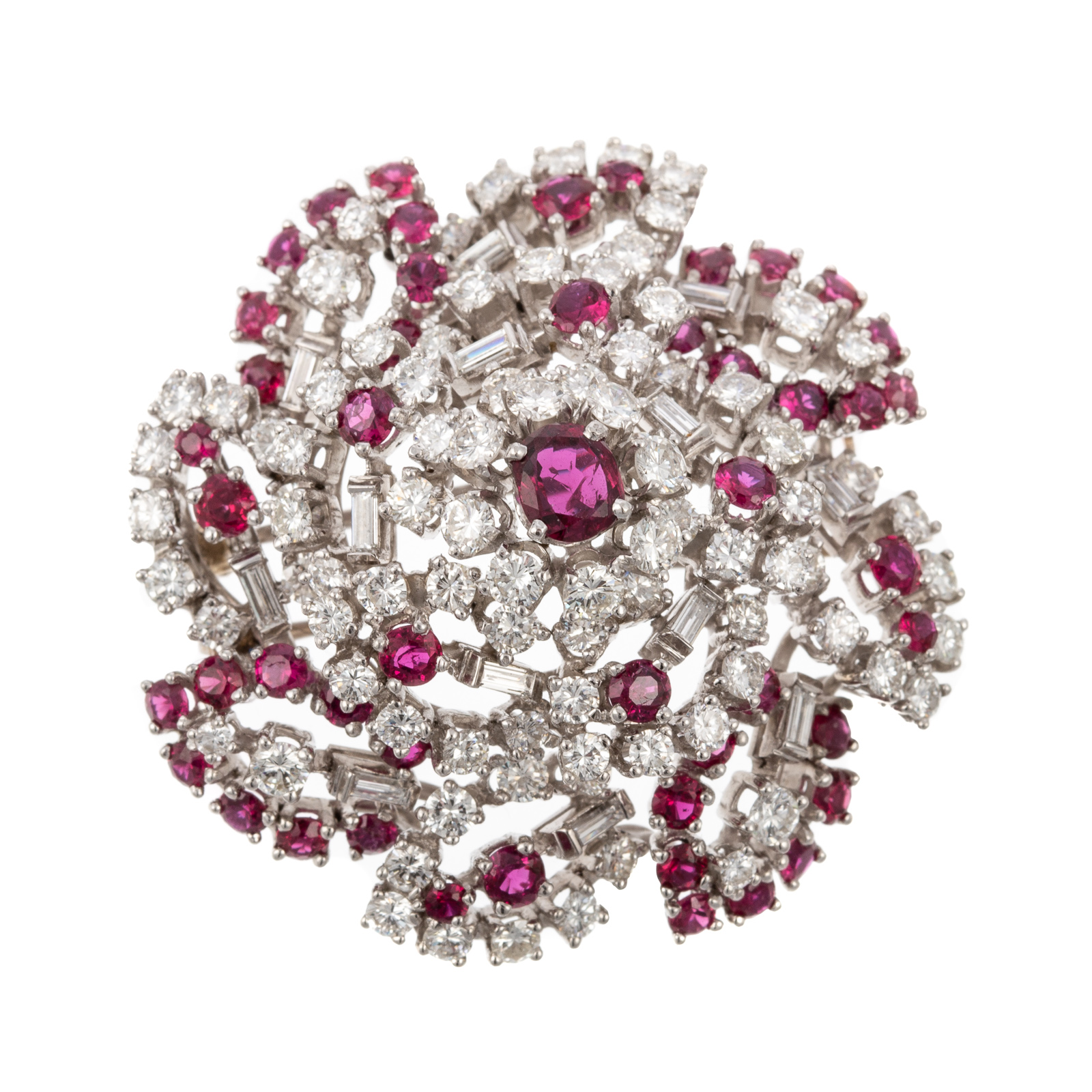 Appraisal: AN IMPRESSIVE RUBY DIAMOND FLORAL BROOCH IN PLATINUM Platinum floral