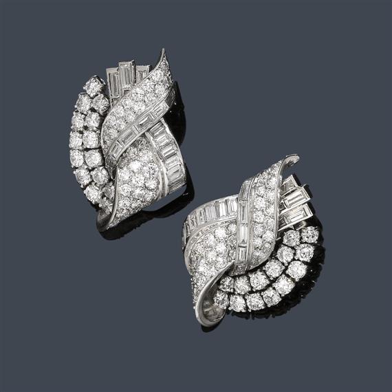 Appraisal: DIAMOND EAR CLIPS ca Platinum Elegant ear clips designed as