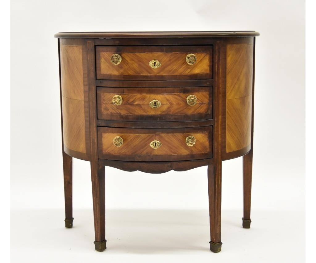 Appraisal: French demi-lune mahogany console table with three fruit wood drawer