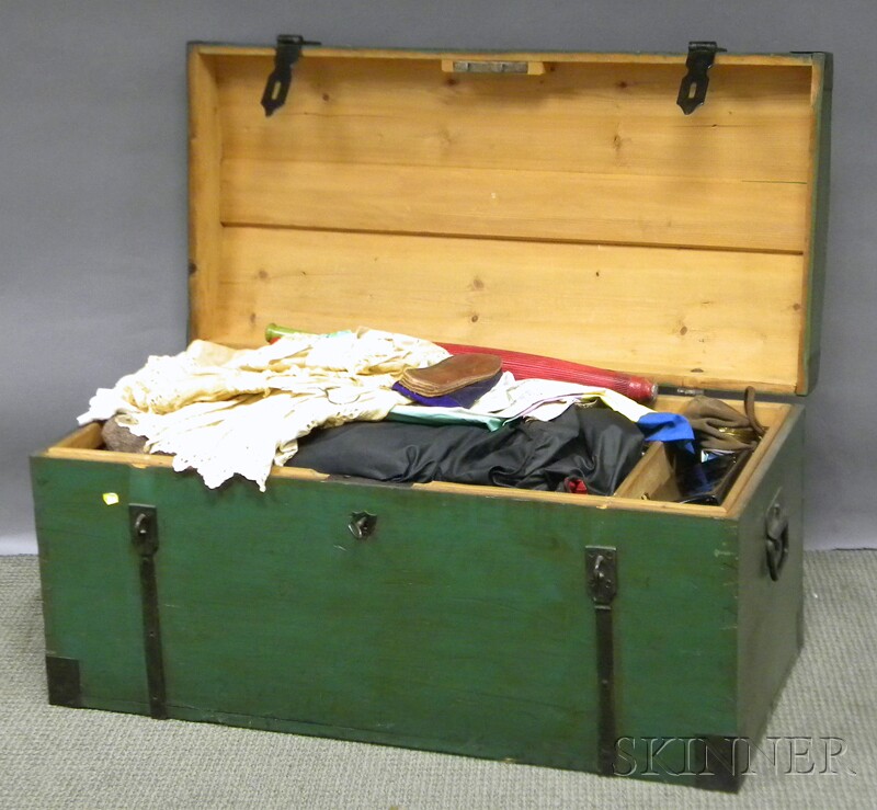 Appraisal: Green-painted Trunk with Textiles trunk filled with lace linens embroidery