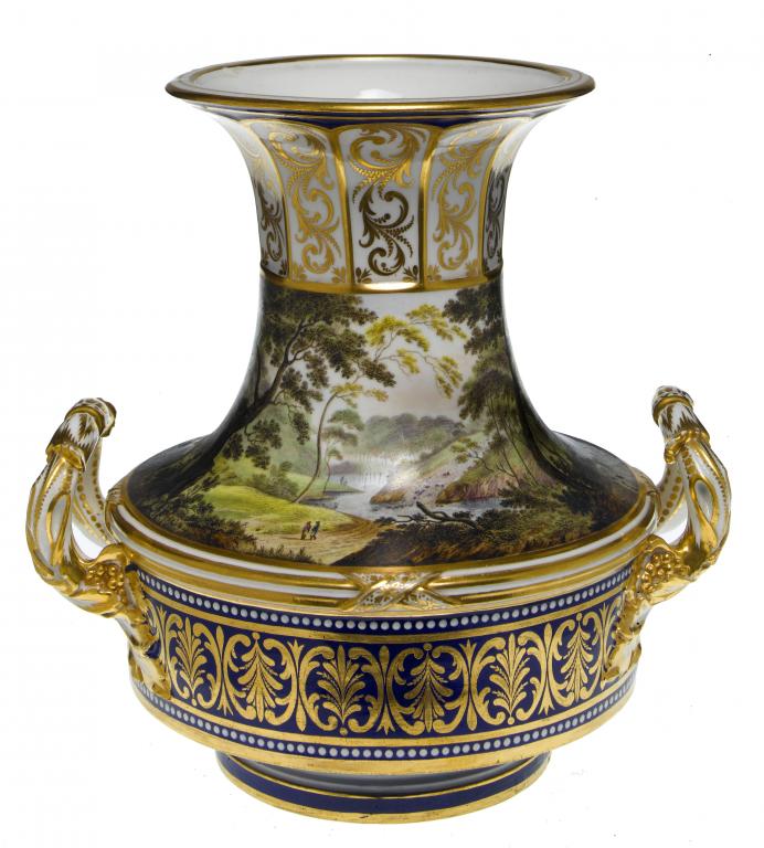 Appraisal: A DERBY VASE of compressed form with gilt handles the