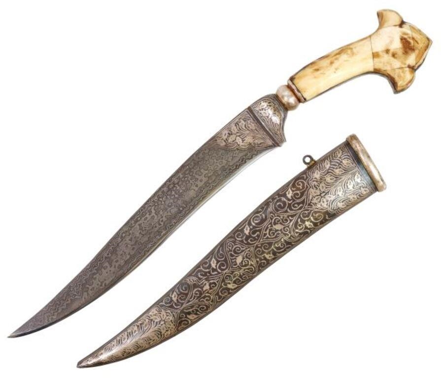 Appraisal: Middle East Khanjar knife fully damascened blade curving at the