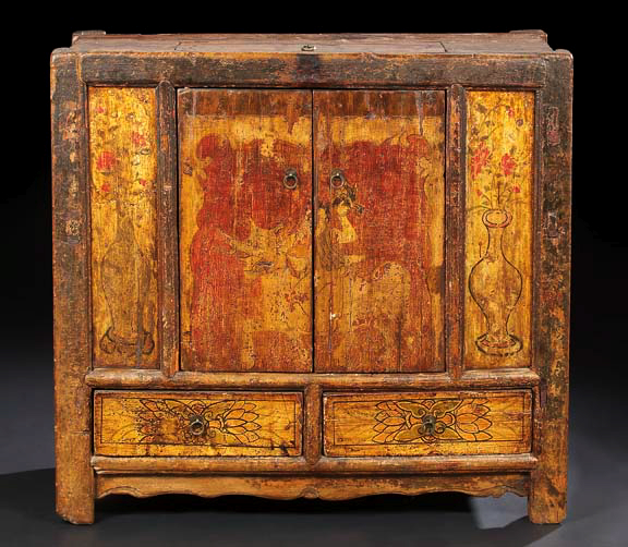 Appraisal: Tibetan Polychromed Wooden Storage Cabinet th century the rectangular plank