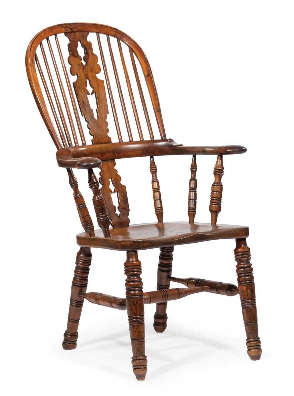 Appraisal: English Elm Hoop Back Windsor Chair pierced splat outswept arms