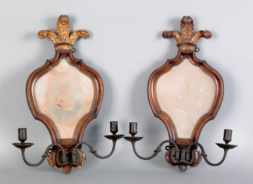 Appraisal: Pair Georgian style mirrored wall sconces each with two brass