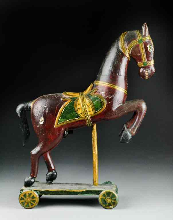 Appraisal: Wooden Horse Pull ToyDepicting a rearing carved and painted wooden