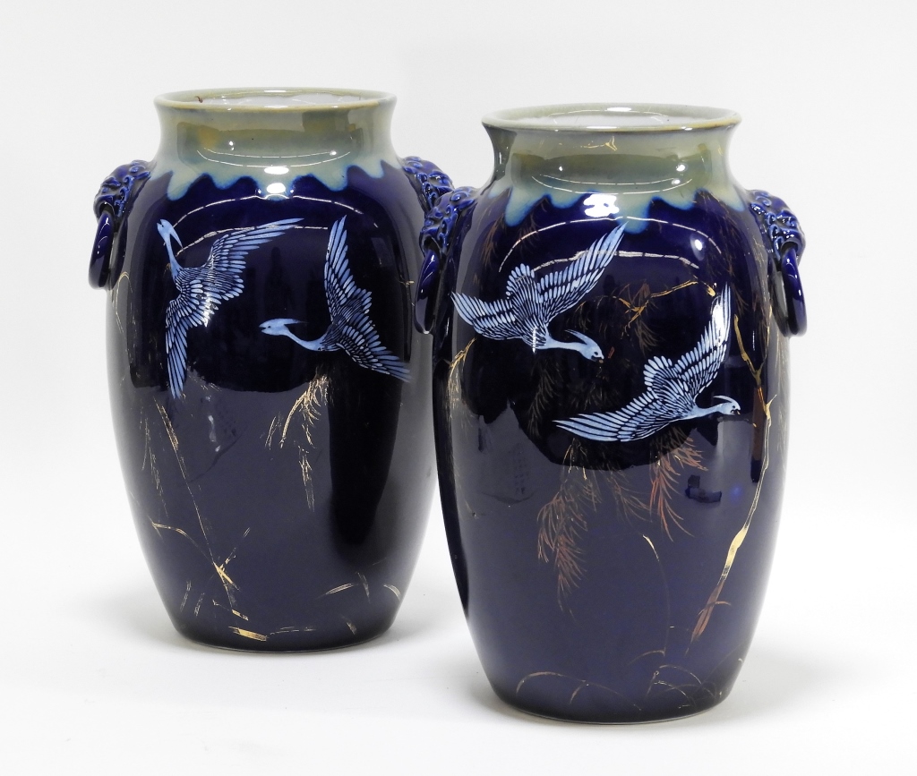 Appraisal: PR FINE JAPANESE COBALT BLUE KUTANI CRANE VASES Japan th-