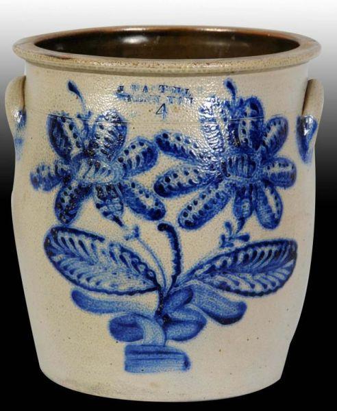 Appraisal: Stoneware -Handled Crock with Flowers Description J Mantell Nice deep