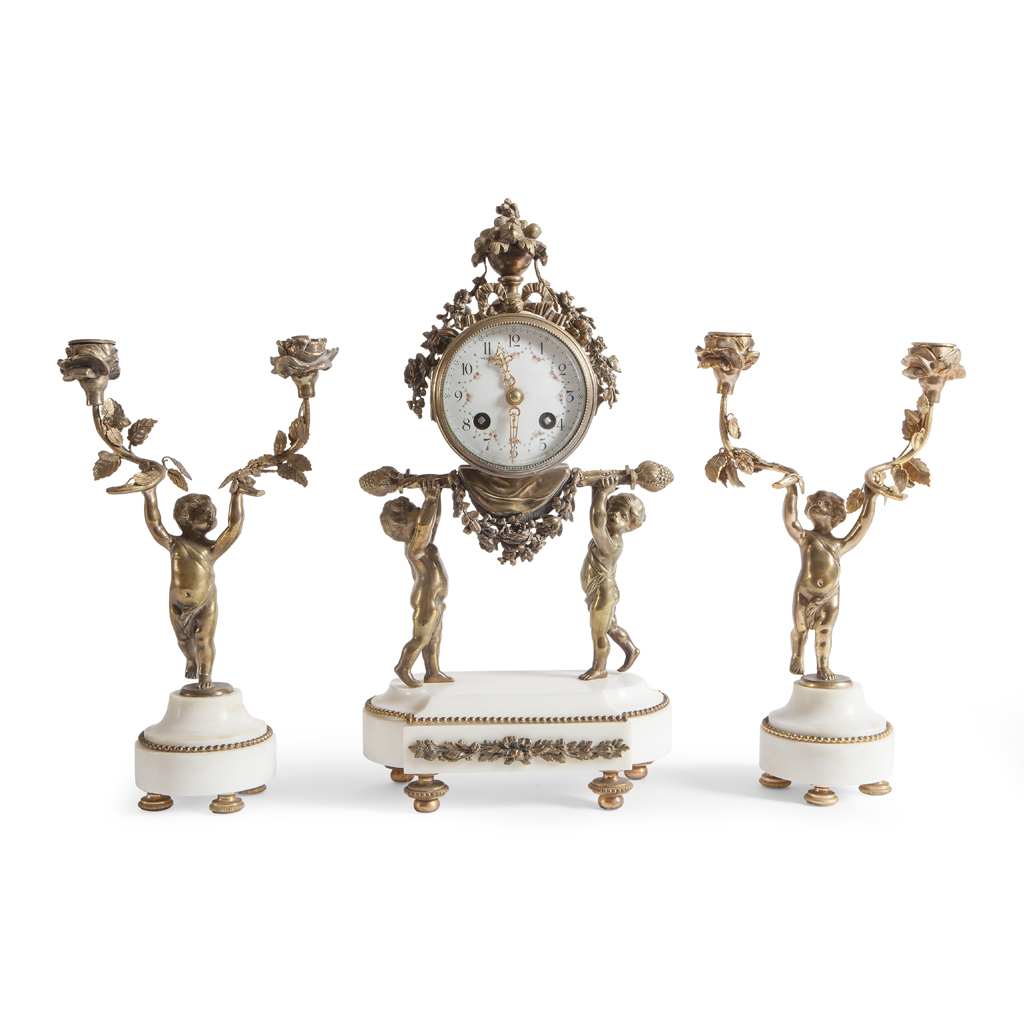 Appraisal: FRENCH GILT METAL AND WHITE MARBLE CLOCK GARNITURE TH CENTURY