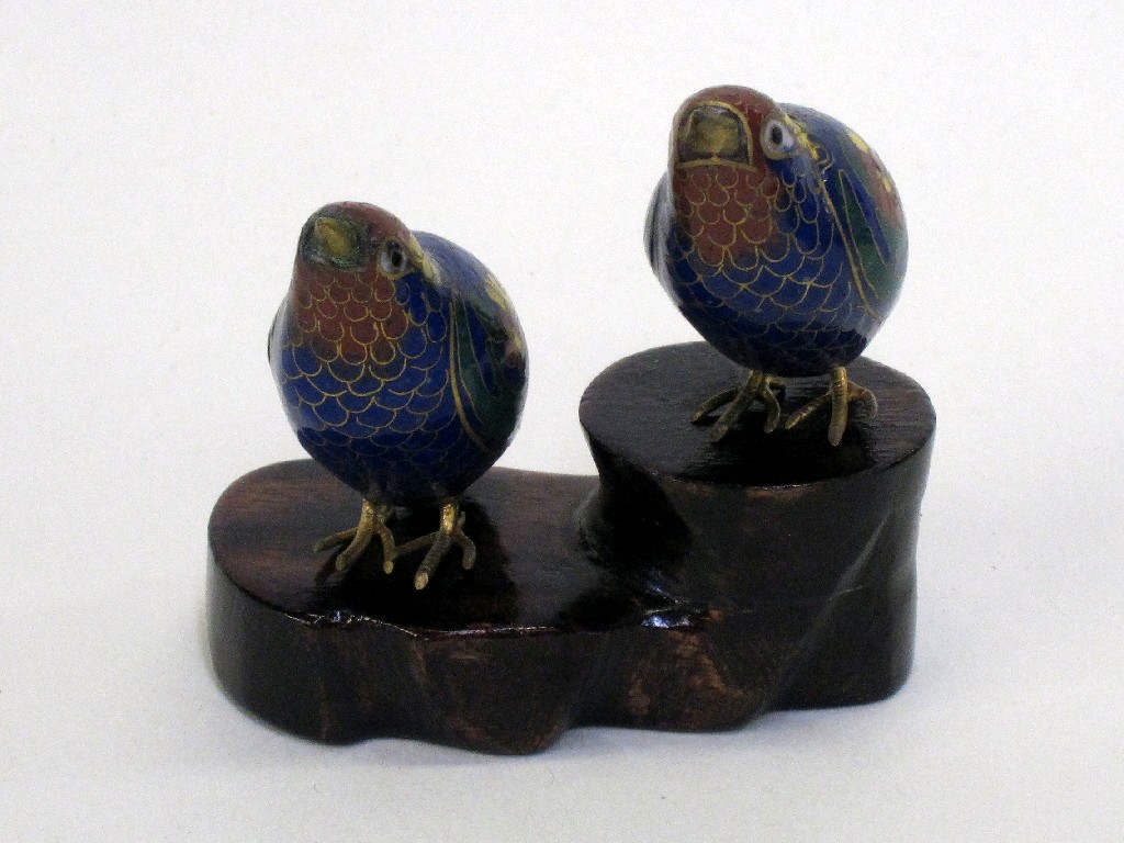 Appraisal: Pair of small cloisonne quails on wooden stand