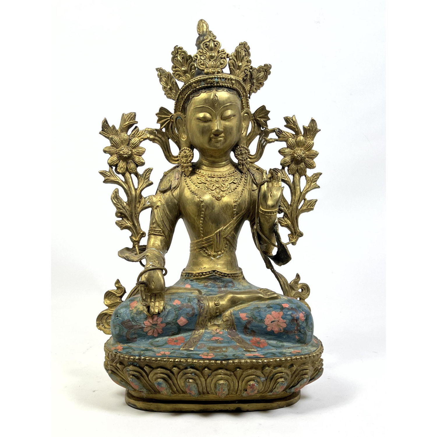 Appraisal: Gilt Bronze Asian Goddess seated on Enameled Lotus Base Crowned