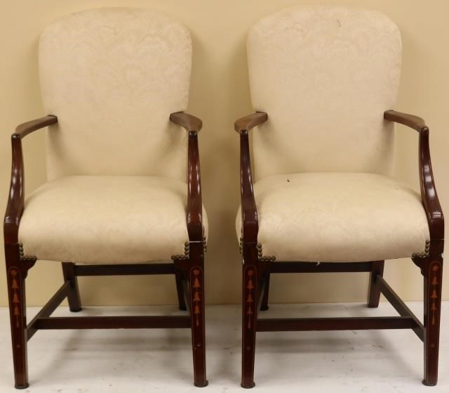 Appraisal: PAIR OF CUSTOM MAHOGANY HEPPLEWHITE STYLEARMCHAIRS WITH INLAID BELLFLOWER FRONTS