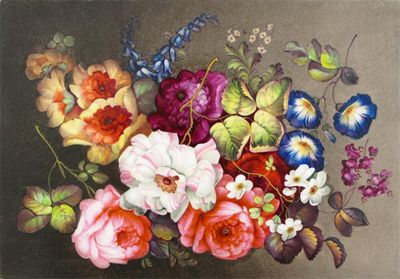 Appraisal: An English porcelain rectangular plaque richly painted with flowers including