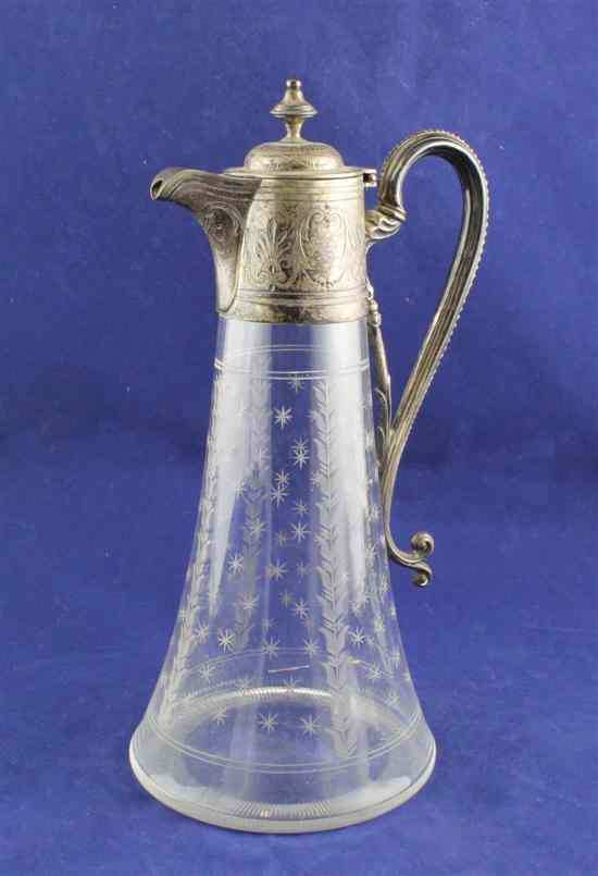 Appraisal: A Victorian silver mounted etched glass claret jug of conical