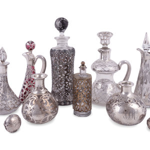 Appraisal: Nine Silver and Silver-Plate Overlay Glass Perfume Bottles and Cruets