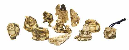 Appraisal: A Group of Eleven Ivory Netsuke ten depicting figures at