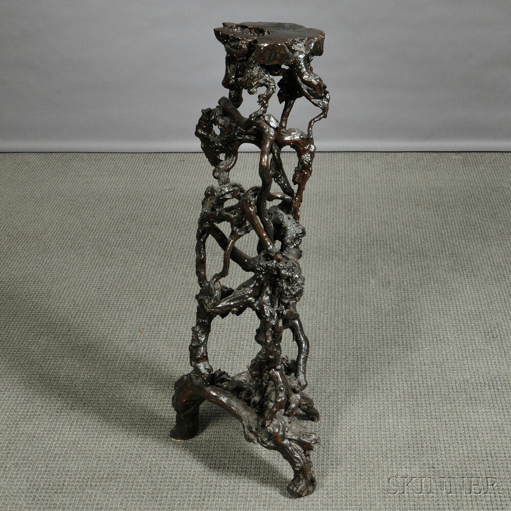 Appraisal: Black Lacquered Root Stand China tall intricately formed from gnarled