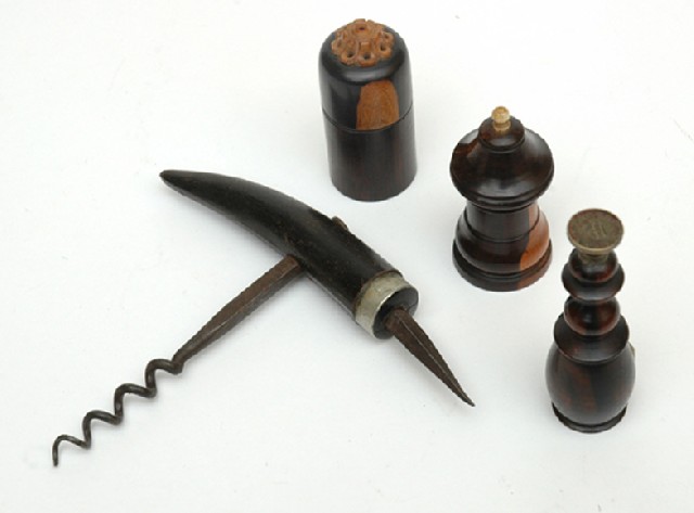 Appraisal: A COLLECTION OF TREENWARE OBJECTS AND A HORN HANDLED CORK