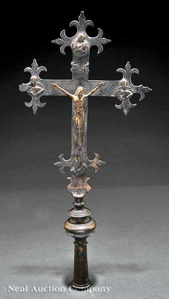 Appraisal: An Antique Continental Bronze Processional Cross with Crucifix and Saints