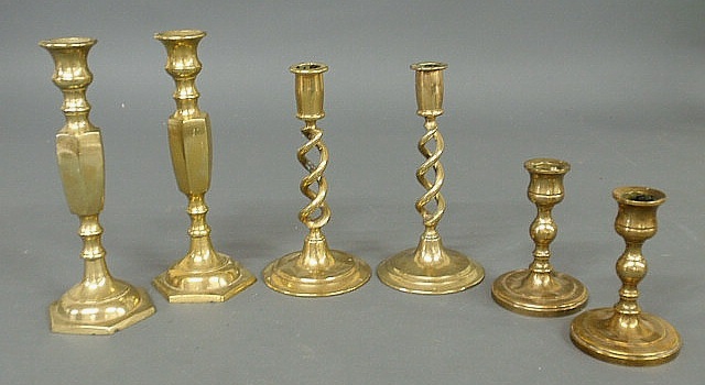 Appraisal: Three pairs of brass candlesticks h