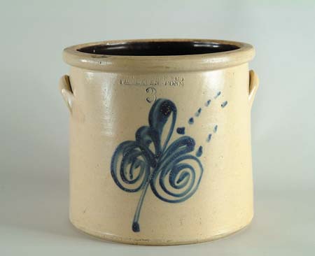 Appraisal: DECORATED THREE GALLON CROCK Stylized flower in blue Impressed Fair