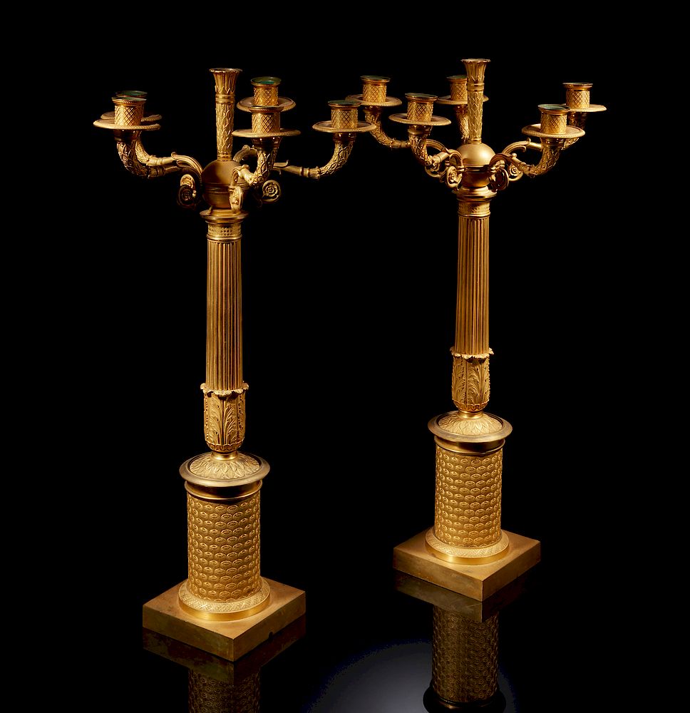 Appraisal: Pair of Gilt Bronze Candelabras Pair of gilt bronze Georgian