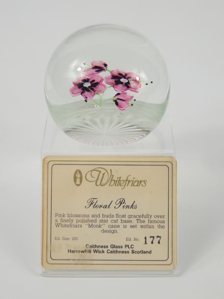 Appraisal: A Whitefriars cut glass paperweight Floral Pinks bears Monk cane