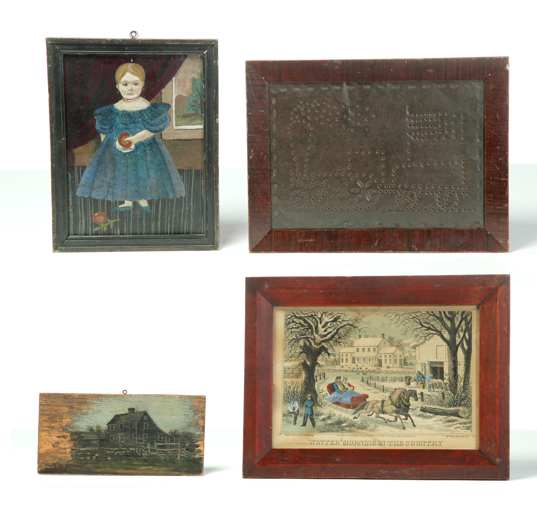 Appraisal: PRINT TWO PAINTINGS AND FRAMED PUNCHED TIN Nineteenth- th century