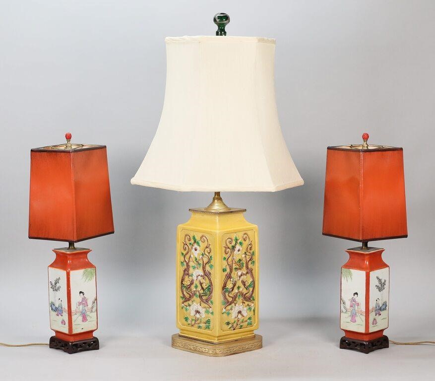 Appraisal: Chinese porcelain diamond-shaped vases mounted as lamps Pair with lacquered